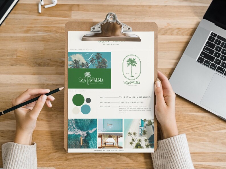 Puede incluir: Una gu&iacute;a de marca para un resort llamado La Palma. La gu&iacute;a incluye un logotipo, una paleta de colores y un tablero de estado de &aacute;nimo con im&aacute;genes de paisajes tropicales y una playa.