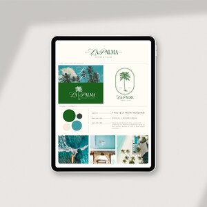 Puede incluir: Una maqueta digital de una gu&iacute;a de identidad de marca para un resort y villas llamado "La Palma". La gu&iacute;a incluye un logotipo, una paleta de colores y fotograf&iacute;a.