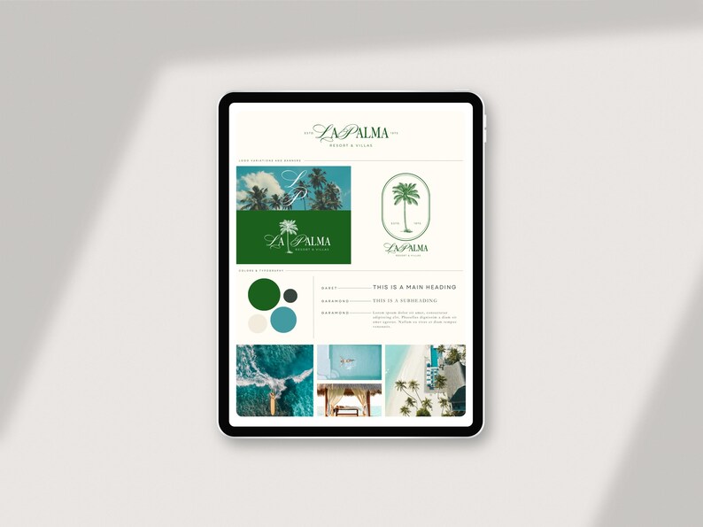 Puede incluir: Una maqueta digital de una gu&iacute;a de identidad de marca para un resort y villas llamado "La Palma". La gu&iacute;a incluye un logotipo, una paleta de colores y fotograf&iacute;a.
