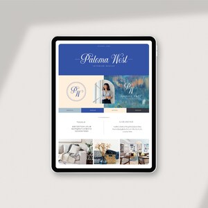 May include: A tablet screen displaying a website for Paloma West Interior Design. The website features a blue and white color scheme with a logo of the initials "PW" in a circle. The website also includes a photo of a woman and a description of the company's services.