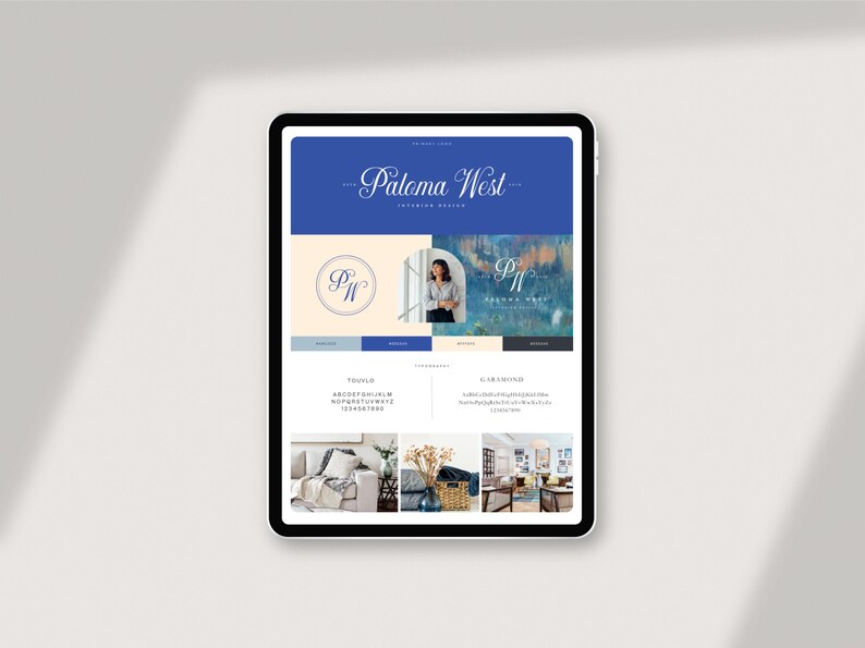 May include: A tablet screen displaying a website for Paloma West Interior Design. The website features a blue and white color scheme with a logo of the initials "PW" in a circle. The website also includes a photo of a woman and a description of the company's services.