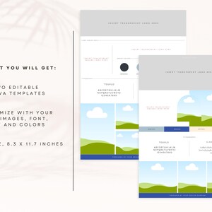 May include: Two Canva templates for customizing with your own images, font, text, and colors. The templates feature a blue and green landscape design with clouds and text that says "TOUYLO" and "HARAMOND". The templates are 8.3 x 11.7 inches.