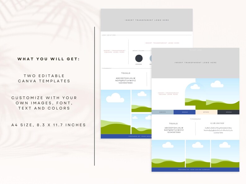 May include: Two Canva templates for customizing with your own images, font, text, and colors. The templates feature a blue and green landscape design with clouds and text that says "TOUYLO" and "HARAMOND". The templates are 8.3 x 11.7 inches.
