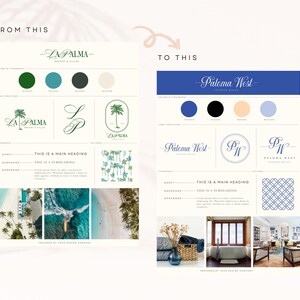 Puede incluir: Una comparaci&oacute;n lado a lado de dos conceptos de dise&ntilde;o de identidad de marca. El lado izquierdo muestra una identidad de marca de resort tropical con una paleta de colores verde, azul y blanco. El lado derecho muestra una identidad de marca m&aacute;s moderna con una paleta de colores azul, negro y blanco. Ambos lados incluyen logotipos, paletas de colores, tipograf&iacute;a y patrones.