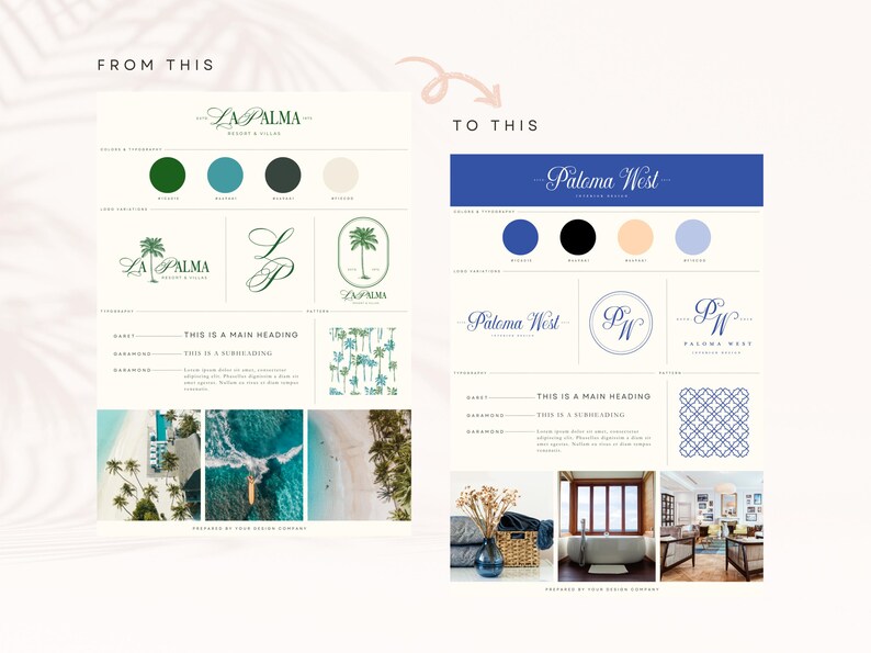 Puede incluir: Una comparaci&oacute;n lado a lado de dos conceptos de dise&ntilde;o de identidad de marca. El lado izquierdo muestra una identidad de marca de resort tropical con una paleta de colores verde, azul y blanco. El lado derecho muestra una identidad de marca m&aacute;s moderna con una paleta de colores azul, negro y blanco. Ambos lados incluyen logotipos, paletas de colores, tipograf&iacute;a y patrones.