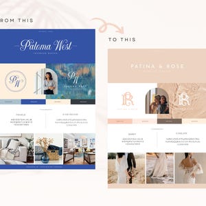 May include: A brand style guide with a blue and white color palette. The brand name is "Paloma West" and the logo is a circle with the letters "PW" inside. The guide includes a font selection, color palette, and example images.