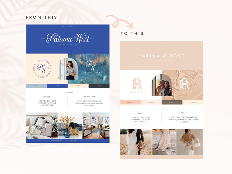 May include: A brand style guide with a blue and white color palette. The brand name is "Paloma West" and the logo is a circle with the letters "PW" inside. The guide includes a font selection, color palette, and example images.
