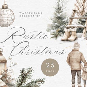 Rustico Boho Natale Illustrazione Acquerello Clipart Bundle Crema beige neutro Festivo Inverno Uso commerciale Trasparente PNG Vacanza Neve