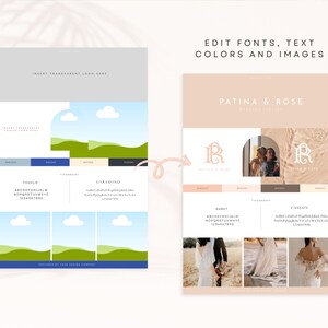 May include: A branding guide for a business called "Patina & Rose" with a logo featuring the letters "R" in a script font. The guide includes color palettes, font choices, and example images.