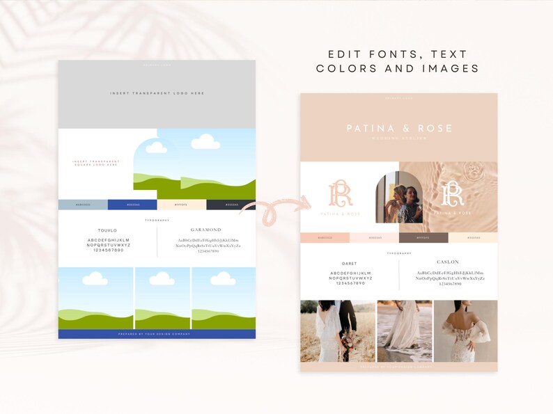 May include: A branding guide for a business called "Patina & Rose" with a logo featuring the letters "R" in a script font. The guide includes color palettes, font choices, and example images.