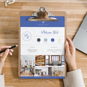 May include: A brand identity guide for Paloma West Interior Design. The guide includes a logo, color palette, typography, and interior design inspiration photos.