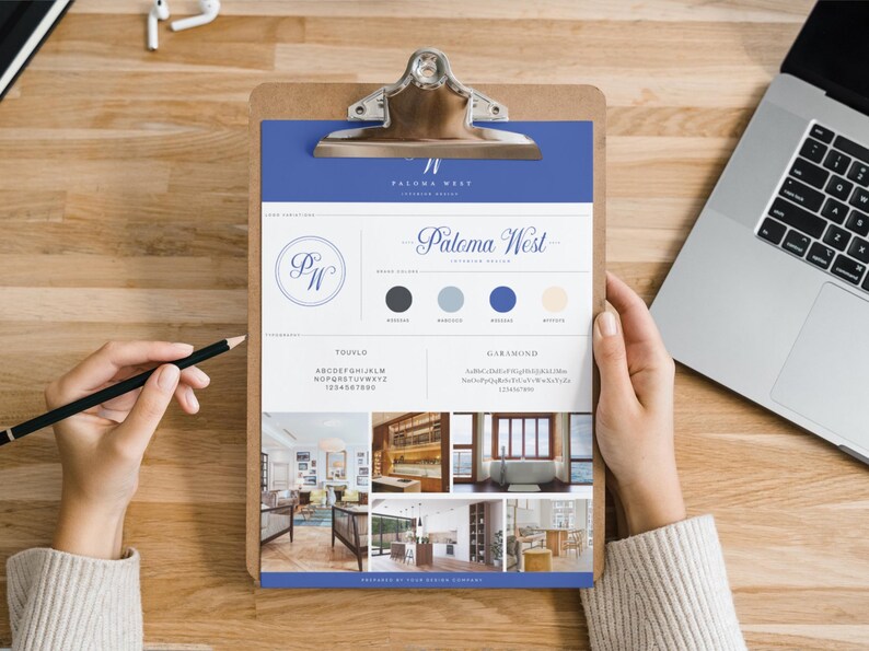 May include: A brand identity guide for Paloma West Interior Design. The guide includes a logo, color palette, typography, and interior design inspiration photos.