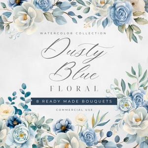 Bundle de cliparts bouquet aquarelle floral bleu poussiéreux, bleu, aquarelle de fleurs, usage Commercial, PNG transparent, fleurs de mariage, bouquet
