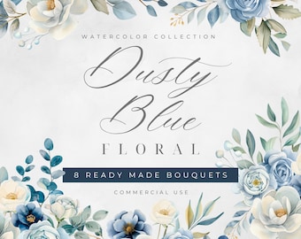 Dusty Blue Watercolor Floral Bouquet Clipart: Wedding PNG Bundle