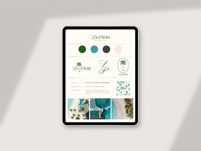 Puede incluir: Una pantalla digital que muestra una gu&iacute;a de identidad de marca para La Palma Resort & Villas. La gu&iacute;a incluye una paleta de colores, variaciones de logotipo, tipograf&iacute;a y fotograf&iacute;a.