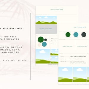 Puede incluir: Dos plantillas de Canva con una paleta de colores verde, azul y blanco. Las plantillas presentan una escena de paisaje con colinas onduladas y nubes. El texto "INSERT LOGO HERE" aparece en las plantillas. Las plantillas miden 8,3 x 11,7 pulgadas.