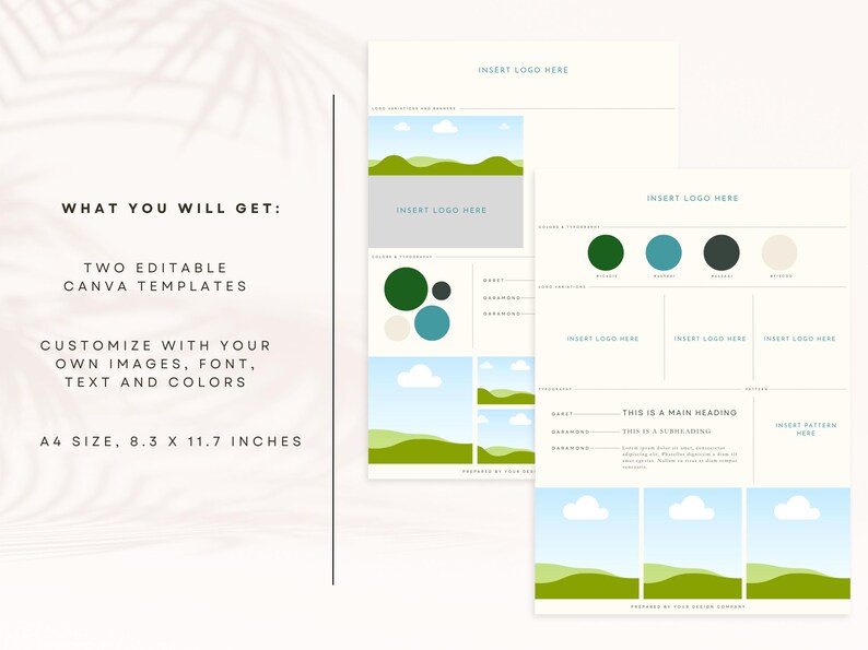 Puede incluir: Dos plantillas de Canva con una paleta de colores verde, azul y blanco. Las plantillas presentan una escena de paisaje con colinas onduladas y nubes. El texto "INSERT LOGO HERE" aparece en las plantillas. Las plantillas miden 8,3 x 11,7 pulgadas.