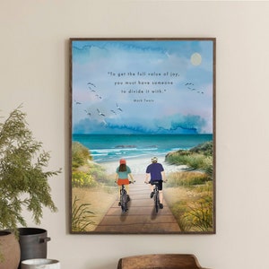 Impresión personalizada de pareja en bicicleta, impresión personalizada de bicicleta, impresión personalizada de pasatiempo junto al mar, regalo personalizado de aniversario, regalo personalizado de cumpleaños