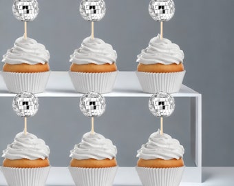24 piezas de adornos para cupcakes con forma de bola de discoteca - Decoraciones de fiesta retro de los años 70 para tartas y cupcakes - Bola de discoteca de 2,7 cm