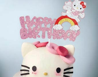 Cute Pink Cat Cake Topper – Glitter Cat Birthday Cake Decoration for Girls’ Party