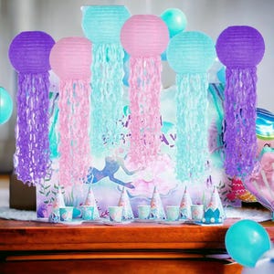 Jellyfish Paper Lanterns for Mermaid Party Decorations, Pink Purple Blue Hanging Lanterns, Under the Sea Ocean Birthday Decor, Set of 6