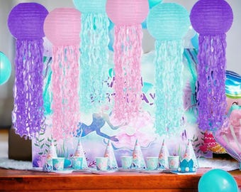 Jellyfish Paper Lanterns for Mermaid Party Decorations, Pink Purple Blue Hanging Lanterns, Under the Sea Ocean Birthday Decor, Set of 6