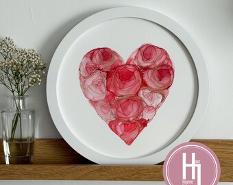 Pink Heart of Roses – Original Alcohol Ink Artwork with Gold Accents | Framed or Unframed | Romantic Wall Art for Special occasions