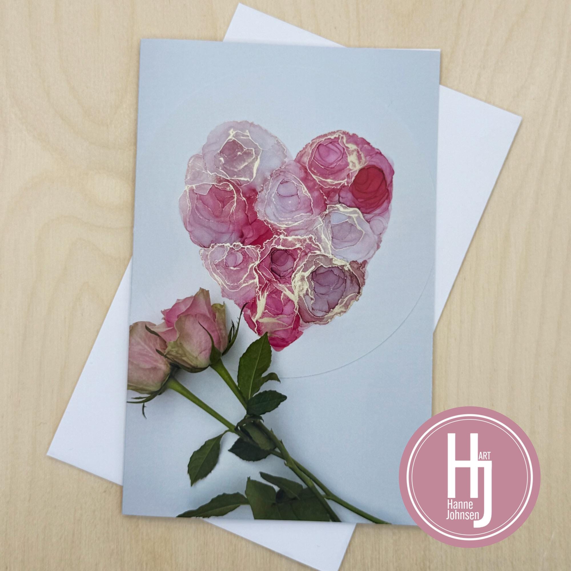 Romantic Rose Heart Greeting Card – Alcohol Ink Art Print – Love Note Card – Wedding, Engagement, Anniversary, Valentine Gift