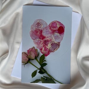 Romantic Rose Heart Greeting Card – Alcohol Ink Art Print – Love Note Card – Wedding, Engagement, Anniversary, Valentine Gift