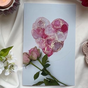 Romantic Rose Heart Greeting Card – Alcohol Ink Art Print – Love Note Card – Wedding, Engagement, Anniversary, Valentine Gift