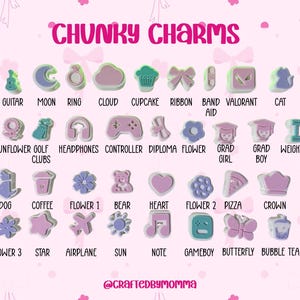 Può includere: Una collezione di ciondoli chunky colorati in varie forme, tra cui una chitarra, una luna, una nuvola, un cupcake e una farfalla, con il testo "CHUNKY CHARMS" in alto. Lo sfondo è rosa chiaro con fiocchi decorativi.