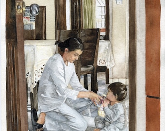 Le portrait - peinture originale aquarelle, cadeau anniversaire, cadeau couple