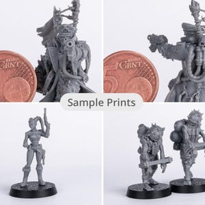 May include: Sample 3D printed miniatures of various characters, including a female figure with a gun, a figure with a backpack and a weapon, and a figure with a large weapon and a backpack. The miniatures are printed in gray plastic and are shown on a white background.