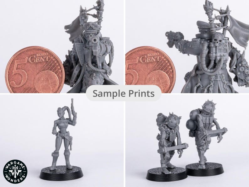 May include: Sample 3D printed miniatures of various characters, including a female figure with a gun, a figure with a backpack and a weapon, and a figure with a large weapon and a backpack. The miniatures are printed in gray plastic and are shown on a white background.