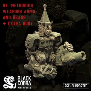 May include: A 3D printed miniature of a robot with a church-like structure on its head. The robot is holding a large cannon in its right hand and a smaller weapon in its left hand. The miniature is pre-supported and is part of the St. Methodius series by Black Cobra Miniatures.