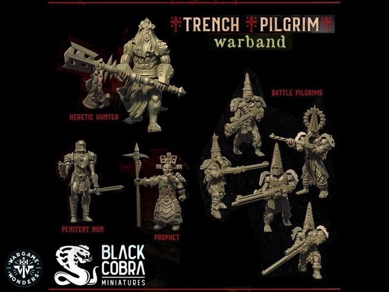May include: A set of miniature figures depicting a warband of Trench Pilgrims. The figures are made of grey plastic and include a Heretic Hunter, Penitent Nun, Prophet, and Battle Pilgrims. The figures are posed in various fighting stances and are ready for battle.