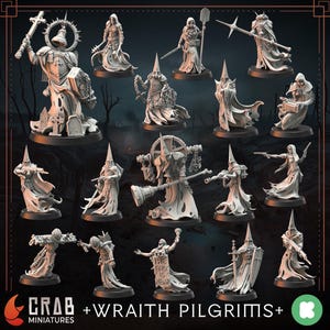 May include: A collection of miniature figurines, likely for tabletop gaming or display. The figures are primarily white and depict various characters in flowing robes and pointed hats, some holding weapons. The text "CRAB MINIATURES + WRAITH PILGRIMS+" is visible.