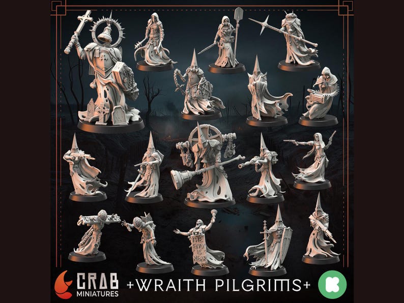May include: A collection of miniature figurines, likely for tabletop gaming or display. The figures are primarily white and depict various characters in flowing robes and pointed hats, some holding weapons. The text "CRAB MINIATURES + WRAITH PILGRIMS+" is visible.