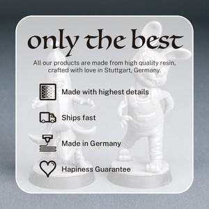 May include: Two white resin figurines of a cartoon character with bunny ears and overalls. The image includes the text "only the best" and "Made in Germany". The figurines are on a light gray background.