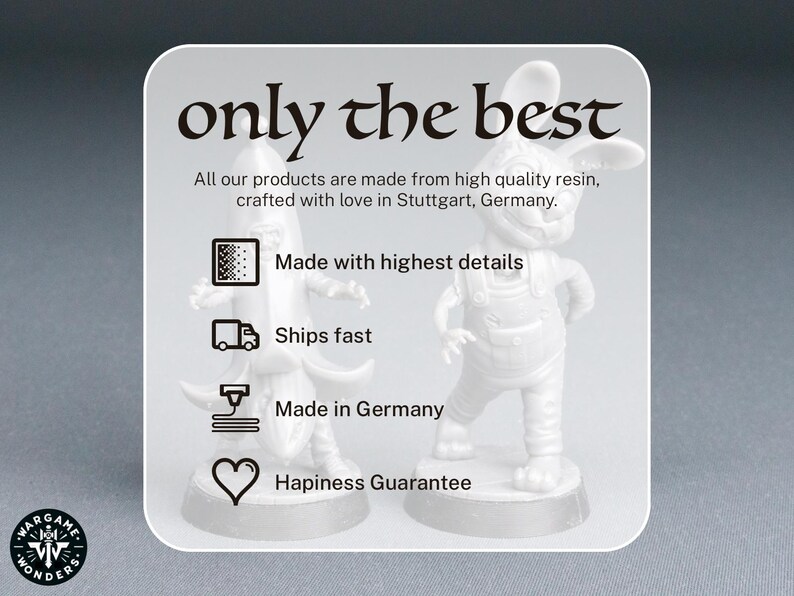 May include: Two white resin figurines of a cartoon character with bunny ears and overalls. The image includes the text "only the best" and "Made in Germany". The figurines are on a light gray background.