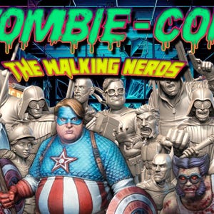 May include: Poster for Zombie-Con: The Walking Nerds. The image features a group of zombie-themed characters, including Captain America, Darth Vader, and Wolverine. The title text is in green with a dripping effect.