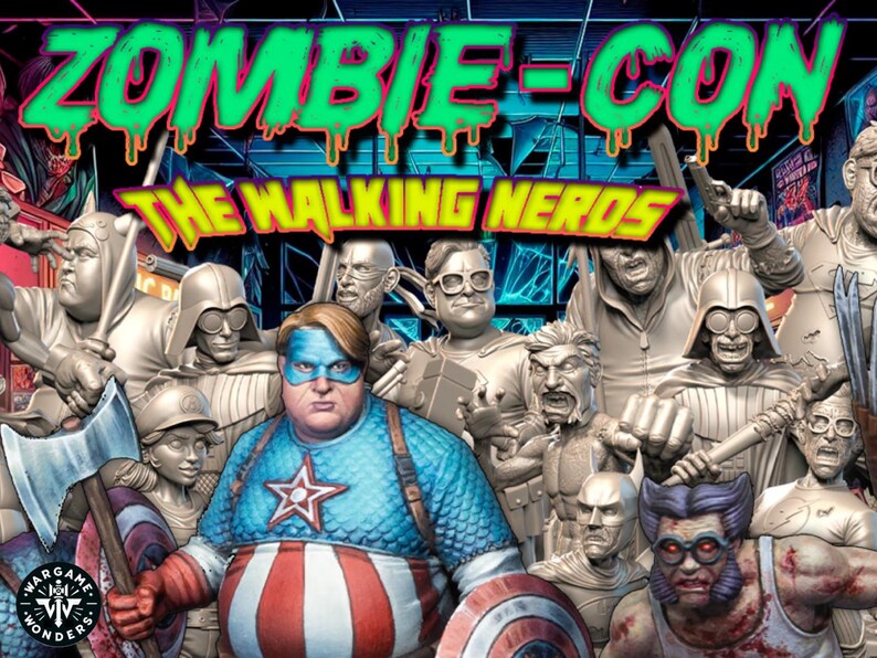 May include: Poster for Zombie-Con: The Walking Nerds. The image features a group of zombie-themed characters, including Captain America, Darth Vader, and Wolverine. The title text is in green with a dripping effect.