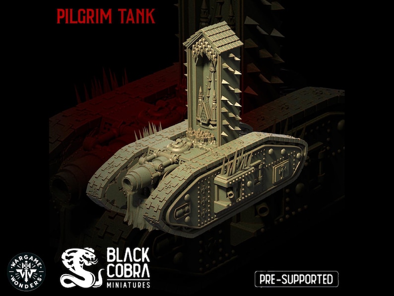 May include: A detailed 3D printed model of a futuristic tank with a large, ornate turret. The tank is gray and has a spiked design. The text "PILGRIM TANK" is visible at the top of the image. The text "PRE-SUPPORTED" is visible at the bottom of the image.