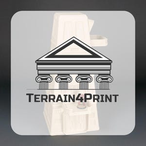 May include: A white 3D printed model of a building with a triangular roof and columns. The building is labeled "TERRAIN4PRINT".