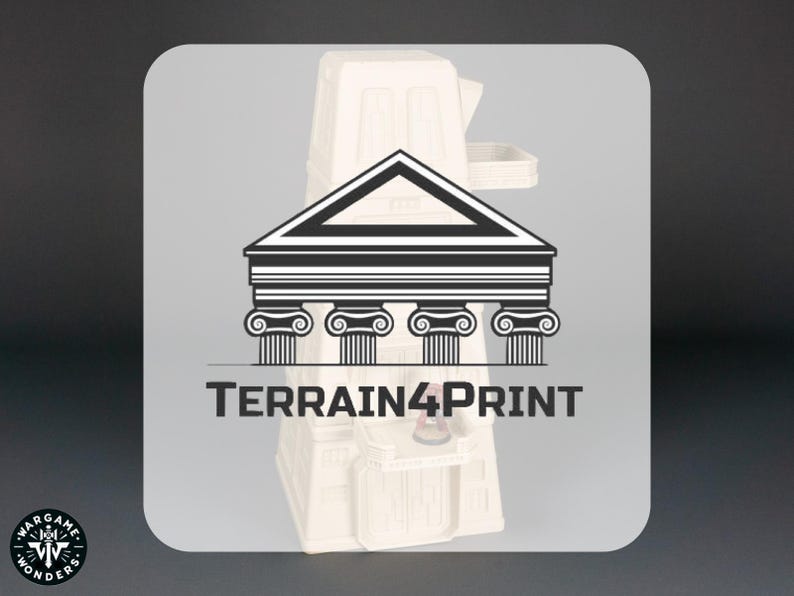 May include: A white 3D printed model of a building with a triangular roof and columns. The building is labeled "TERRAIN4PRINT".