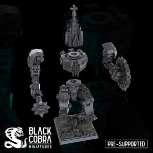 May include: A 3D printed model of a robot with a gothic design. The model is broken down into multiple pieces, including the head, arms, legs, and base. The model is pre-supported and ready to be printed.