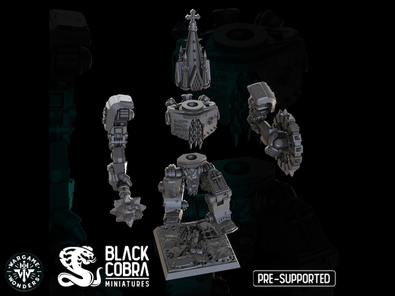 May include: A 3D printed model of a robot with a gothic design. The model is broken down into multiple pieces, including the head, arms, legs, and base. The model is pre-supported and ready to be printed.