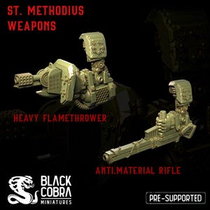 May include: Two 3D printed miniature weapons for tabletop games. The first is a heavy flamethrower with a detailed design. The second is an anti-material rifle with a long barrel. Both are printed in a light green color.