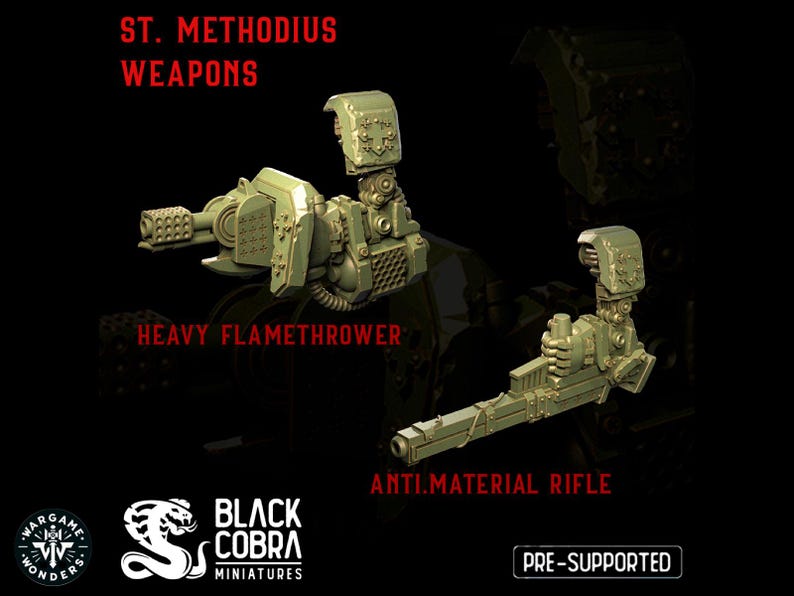 May include: Two 3D printed miniature weapons for tabletop games. The first is a heavy flamethrower with a detailed design. The second is an anti-material rifle with a long barrel. Both are printed in a light green color.