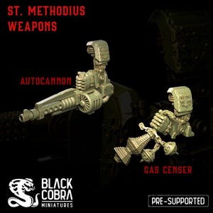May include: Two 3D printed miniature weapons for tabletop games. The first is a detailed autocannon with a long barrel and a complex design. The second is a gas censer with a spherical design and intricate details. Both are pre-supported for easy printing.